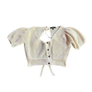 Lulu’s Puff-Sleeve V-Neck Pointelle Knit Crop Top Ivory Size Medium